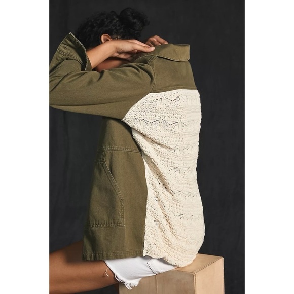Anthropologie Crochet-Back Denim Utility Jacket Military Dark Green S - Picture 3 of 7